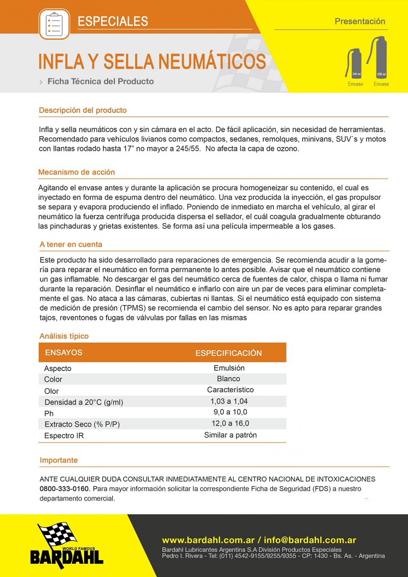 Infla y Sella Neumáticos Bardahl, un producto diseñado para realizar reparaciones de emergencia sin necesidad de herramientas