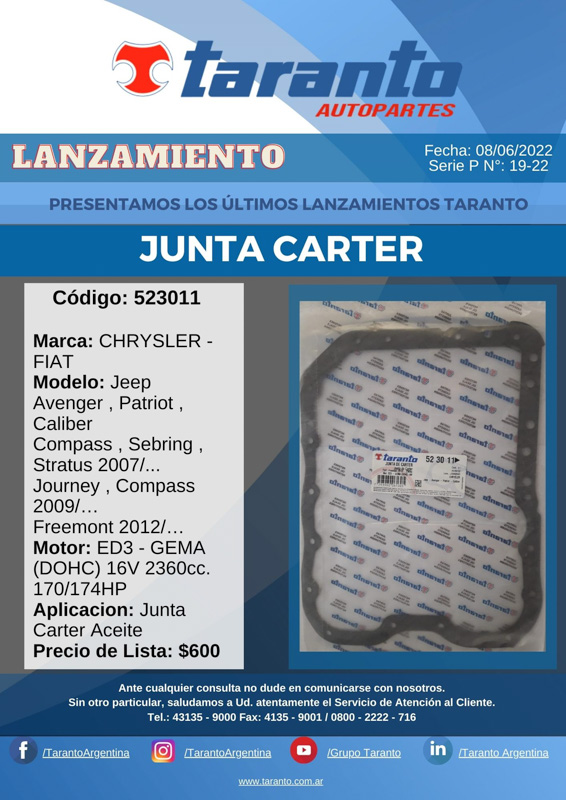 Lanzamiento Taranto: Junta Cárter Código 523011