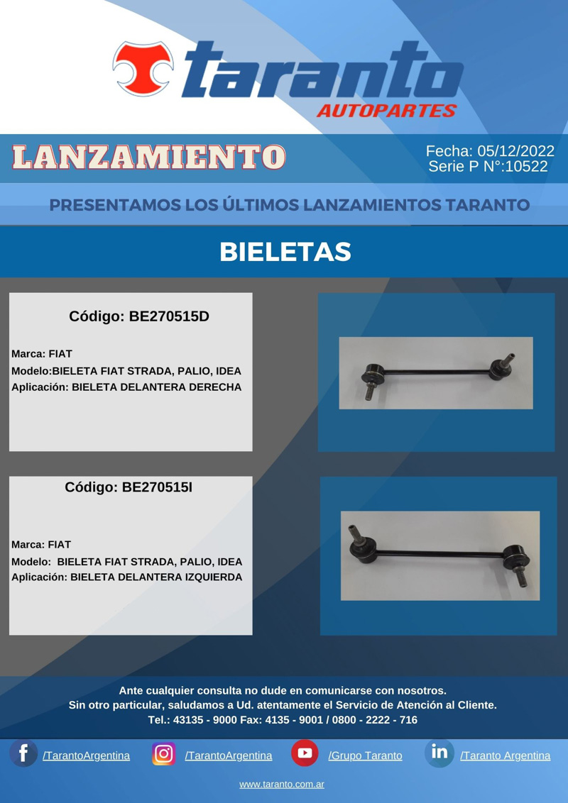 Taranto nuevos lanzamientos de Bieletas y Extremos 