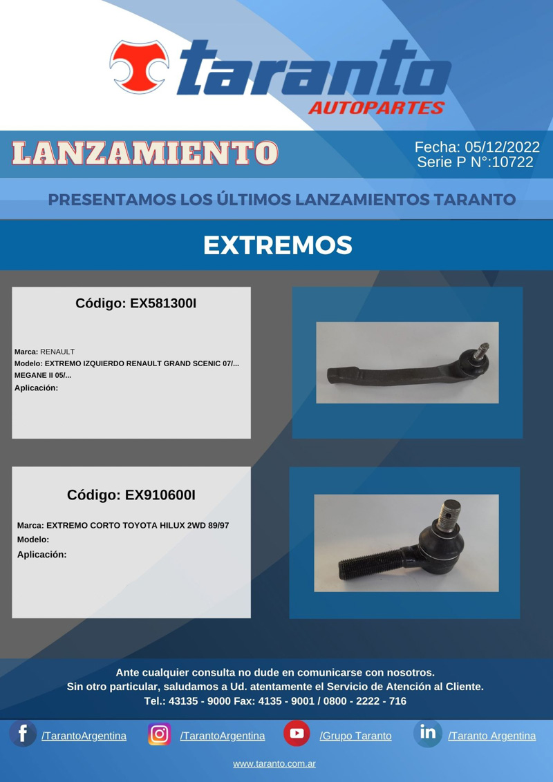 Taranto nuevos lanzamientos de Bieletas y Extremos 