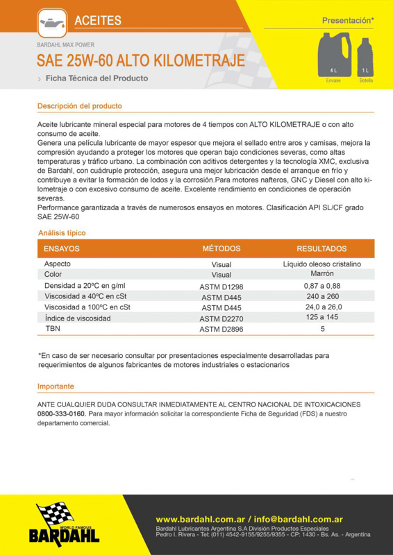 Max Power Alto Kilometraje 25w-60 de Bardahl